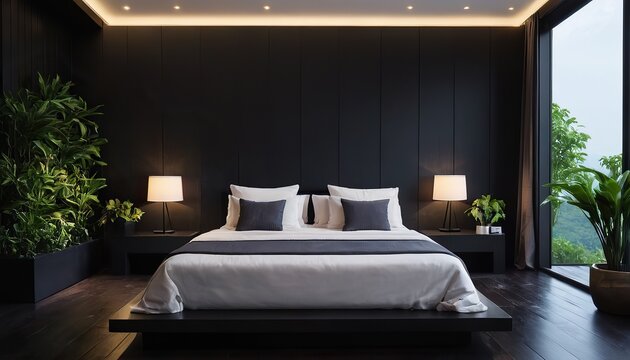 black metal bed frame in a modern bedroom with large windows and natural light, creating a sleek and stylish sleeping area