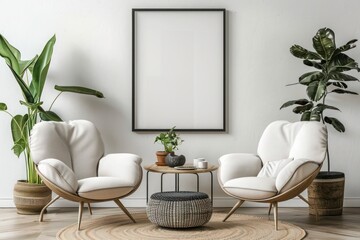 Modern living room with two armchairs, a white wall, and a big framed poster. Scandinavian style interior design creating a clean and cozy ambiance