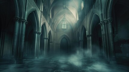 Sticker - Dark gothic empty hall with stunning Renaissance architecture, lit by dim gothic light and filled with subtle smoke