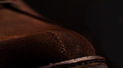 Macro shot of a suede shoe, fine nap, deep brown, studio lighting.