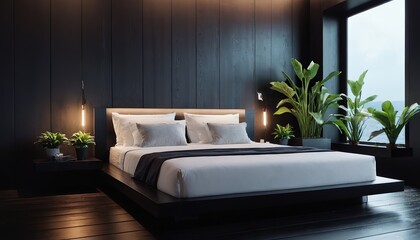 Poster - Dark bedroom interior with black wall, stylish bed, wall light and cactus, 3d render