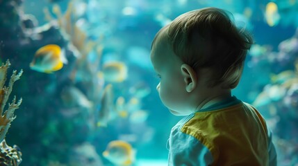 2 year old child indoors watching fish swiming in big fish tank aquarium Aquaria concept : Generative AI