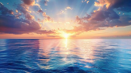 Wall Mural - Description A beautiful sunset over a calm ocean representing the open-armed forgiveness of Jesus Christ in Christian faith