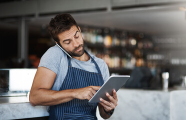 Poster - Man, waiter and phone call with tablet for online booking, order or table reservation at cafe. Male person or barista talking on mobile smartphone with technology for service at indoor restaurant