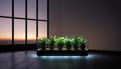 Wall Mural - Empty room interior background, black stucco wall, pot with plant 3d rendering