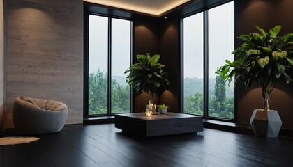 Poster - Empty room interior background, black stucco wall, pot with plant 3d rendering