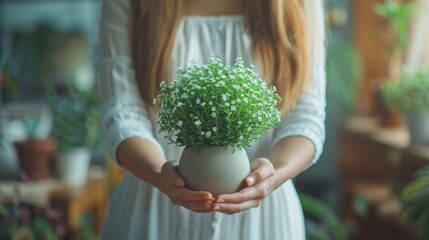 Poster - Young woman holds houseplant in her hands