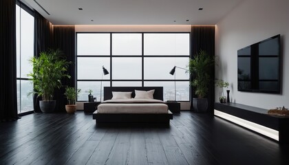 Poster - Minimalist modern black wood bedroom with plant interior background, 3D render