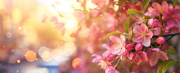 Wall Mural - Beautiful spring background with blooming crabapple flowers in the city, sunset light