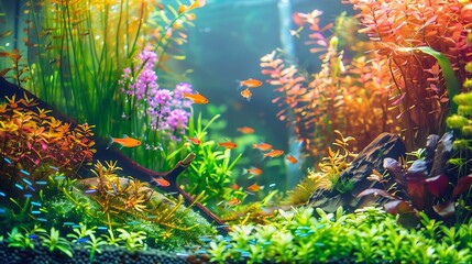 Wall Mural - Aquascaped freshwater aquarium with neon fish live plants Frodo stones and Redmoor roots Jungle style aquascape Microsorum Trident various rotalas anubias moss : Generative AI