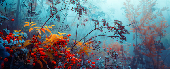 Wall Mural - Beautiful colorful autumn nature background with red berries, yellow flowers and blue foliage.