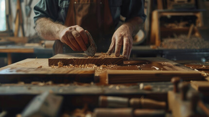 Wall Mural - Close-Up of Craftsman at Work in Small Furniture Manufacturing