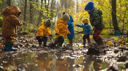 forest kindergarten Happy Preschool group of children play in the swamp in park or forest Outdoors small child have fun playing with mud in a woods Hike Scandinavian curious leisure in : Generative AI