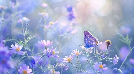 Wall Mural - Beautiful wild flowers chamomile purple wild peas butterfly in morning haze in nature closeup macro Landscape wide format copy space cool blue tones Delightful pastoral airy artistic i : Generative AI