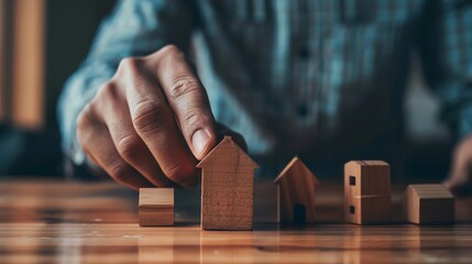 Poster - Businessman choosing mini wood house model from model on wood table Planning to buy property concept of Choose the best : Generative AI
