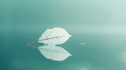 Poster - White transparent leaf on mirror surface with reflection on turquoise background macro Artistic image of ship in water of lake Dreamy image nature free space : Generative AI