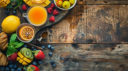 Flat  lay  of breakfast table with copy space colorful