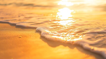 Wall Mural - Closeup sea sand beach Panoramic beach landscape Inspire tropical beach seascape horizon Orange and golden sunset sky calmness tranquil relaxing sunlight summer mood Vacation travel ho : Generative AI