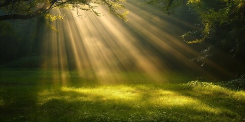 Wall Mural - Rays shine through misty woods, illuminating a vibrant forest path on a beautiful morning.