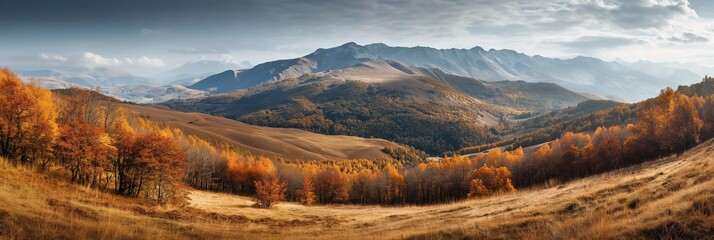 Poster - Colorful autumn foliage blankets hills and mountains, painting a vibrant landscape of nature's beauty.