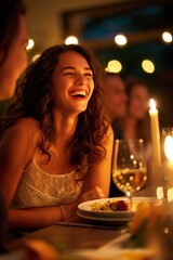 Wall Mural - A pretty smiling woman enjoying a celebratory night at a restaurant, laughing, and chatting over wine.