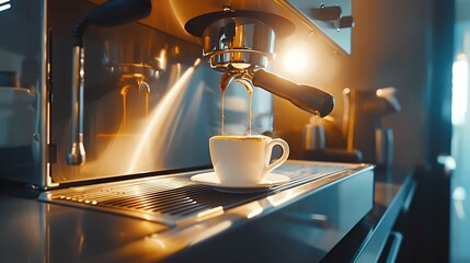 Poster - Coffee machine filling a cup with Making coffee by coffee machine into cup espresso coffee coming out from an automated coffemaker machine Beverage drink for breakfast : Generative AI