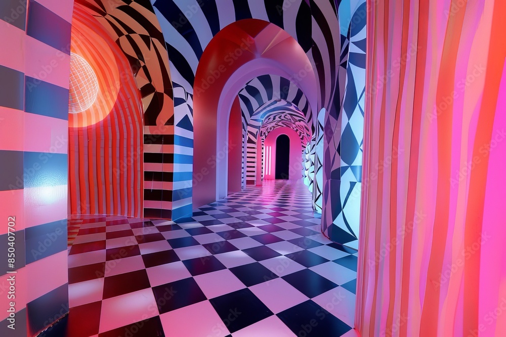 Surreal corridor with vibrant pink, black, and white geometric patterns ...