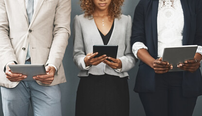 Poster - Tablet, team and business people by office wall with line, interview and hr with tech. Human resources, professional and employee of company recruitment with onboarding, group and online at job