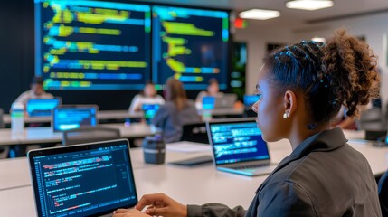 Wall Mural - A female IT instructor leads a coding bootcamp in a modern lab with students working on laptops and code on screens.