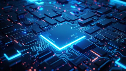 Poster - Digital chip on blue technology background in lines, connected dots, and triangles