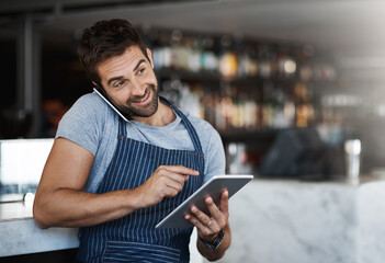 Aufkleber - Man, waiter and phone call, online and tablet for booking with order or conversation at cafe. Male person or barista talking with smile, technology or mobile smartphone on reservation at restaurant
