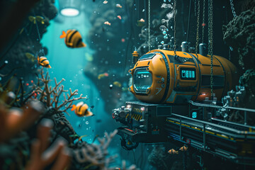 Photo of a deep sea diving simulator outside with exotic sea creatures