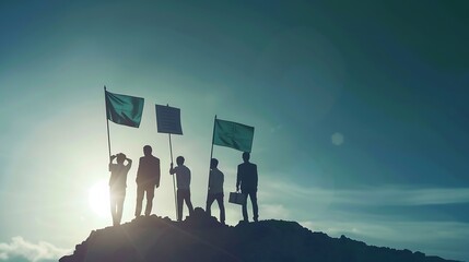 Leinwandbilder - Goal setting towards planning for the future Silhouettes of group businessmen holding target boards with flags planted on a mountain Concept of a clear planning process and teamwork : Generative AI