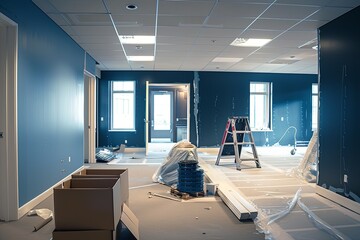 Poster - A modern office space undergoing renovation with new furniture, fresh paint, and updated lighting. Generative AI
