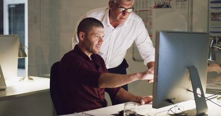 Poster - Mentor, training or business people on computer feedback review, project or research online. Manager teaching, supervisor coaching or IT support talking for learning, teamwork or helping advice on pc