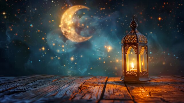 Ornate Lantern Glowing on Wooden Table With Crescent Moon and Stars in Night Sky