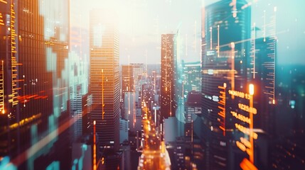 Fototapete - Real estate development and investing concept with financial chart indicators and stock market graphs on city skyscrapers tops bottom view double exposure : Generative AI
