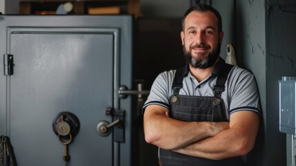 Wall Mural - A minimalist studio portrait of a professional locksmith holding a key and standing next to a secure safe