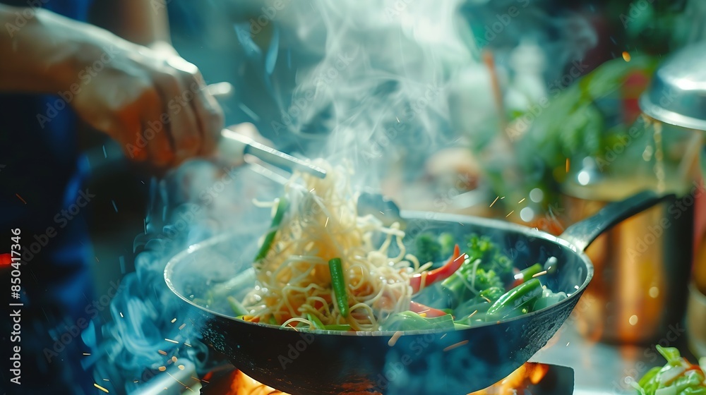 Cooking fresh vegetables and noodles The cook flips food in a hot ...