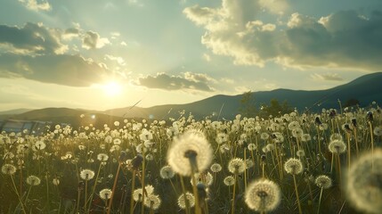 Wall Mural - dandelion field in rural landscape at sunrise beautiful nature scenery with blooming weeds in morning light clouds on the sky above the distant mountain : Generative AI