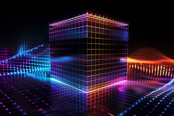 Wall Mural - A glowing, futuristic 3D cube with vibrant, multicolored light patterns on a black background