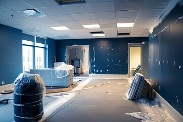 Poster - An office space undergoing renovation with new furniture, fresh paint, and updated lighting. Generative AI