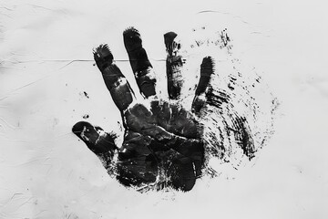 Black ink handprint on white paper background, artistic and creative concept