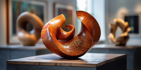 wooden art object of abstract shape in a gallery