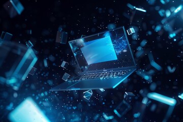 Poster - Futuristic floating laptop surrounded by blue tech elements and digital particles