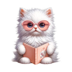 Wall Mural - A fluffy white kitten wearing pink sunglasses and holding a book on a transparent background. The kitten has an adorable