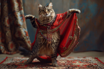 Cat wearing a sparkly costume, performing a belly dance