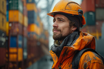 worker with helmet at the sea port