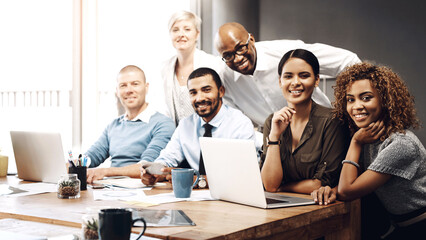 Aufkleber - Business people, team and portrait with meeting in office for financial planning, company sales and data analysis. Collaboration, auditing staff and happy with technology, paperwork and brainstorming