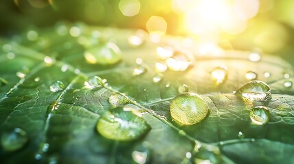 Poster - Large beautiful drops of transparent rain water on a green leaf macro Drops of dew in the morning glow in the sun Beautiful leaf texture in nature Natural background : Generative AI